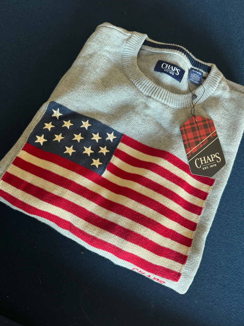Chaps unisex Gray Crewneck Sweater w/Red, White & Blue Flag Panel-mens listing🇺🇸